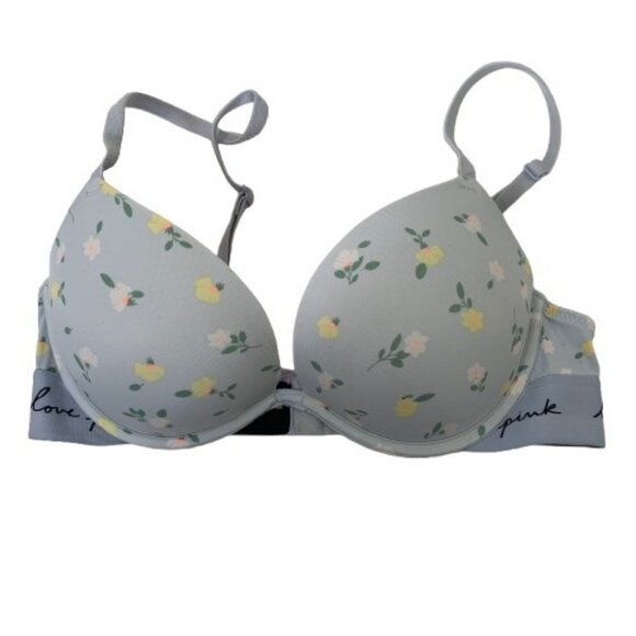 PINK Wear Everywhere Super Push-up Baby Blue Floral Print Bra - Size 32C - Picture 1 of 7